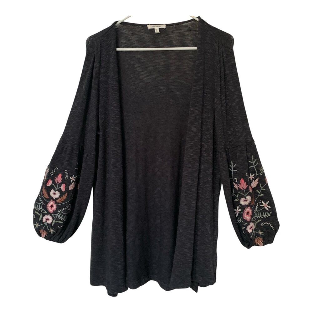 Maurices Gray Embroidered Open Cardigan SM Bell Sleeves Lightweight Boho Sweater
